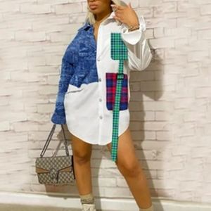 Patchwork Button Down Shirt Dress Plaid Pocket